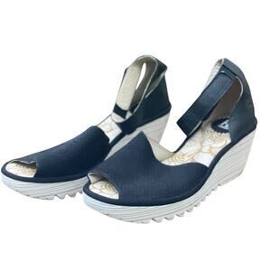 FLY LONDON Black Leather Peep Toe Ankle-Strap Wedge Sandals Shoes Size 10/EU41